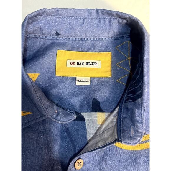 32 Bar Blues Mens Blue Funky's Uncle Abstract Pattern Shirt Size Large - Picture 6 of 9